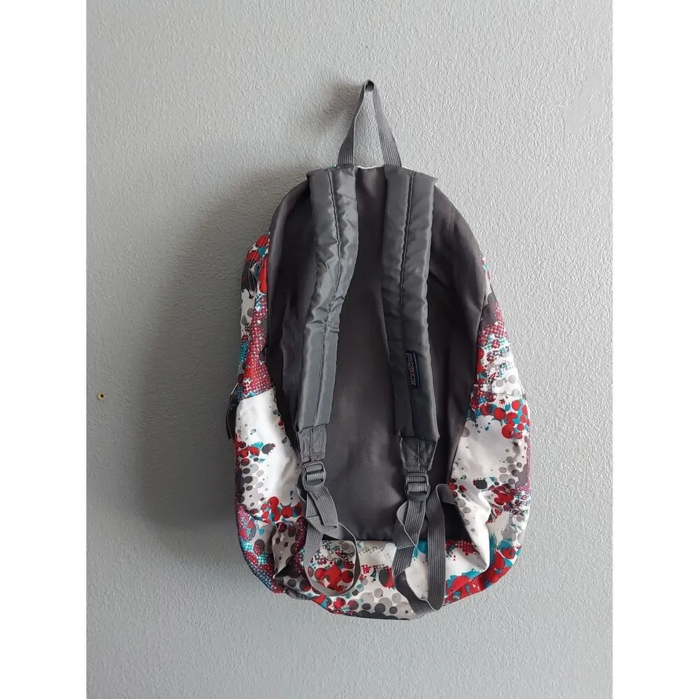Jansport White Backpack with Red, Gray and Teal Graphic Print